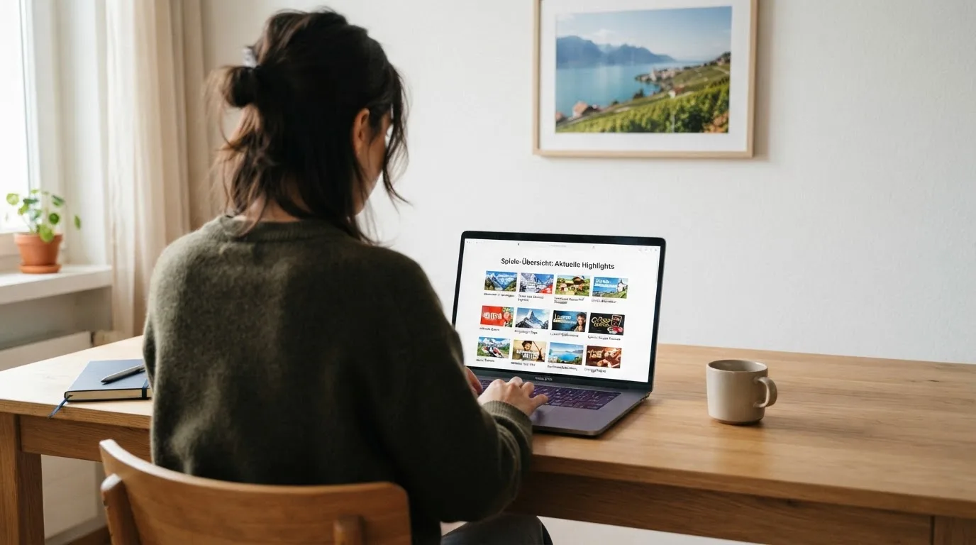 Person am Laptop liest eine Übersichtsseite zu Geldspielen im Internet — 10 franken bonus ohne einzahlung casino