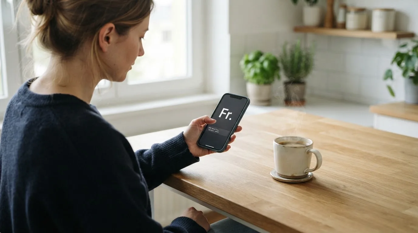 Frau tippt konzentriert auf ihrem Smartphone an einem Küchentisch, eine Tasse Kaffee steht griffbereit daneben.