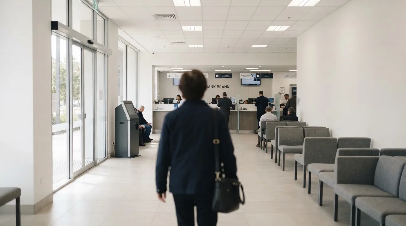 Blick auf eine helle Bankfiliale mit Wartebereich, im Vordergrund unscharf eine Person mit Jacke.