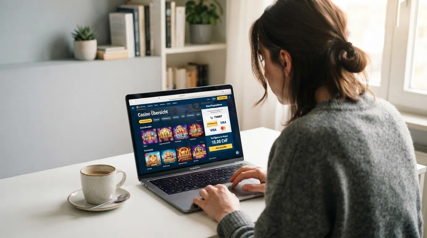 Person am Laptop liest eine Übersichtsseite zu Geldspielen im Internet — 15 franken bonus ohne einzahlung casino