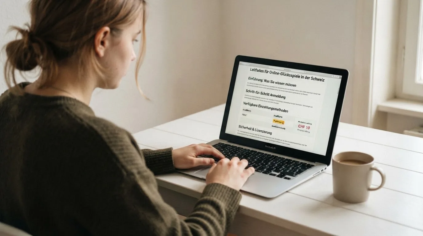 Person am Laptop liest eine Übersichtsseite zu Geldspielen im Internet — 150 freispiele ohne einzahlung