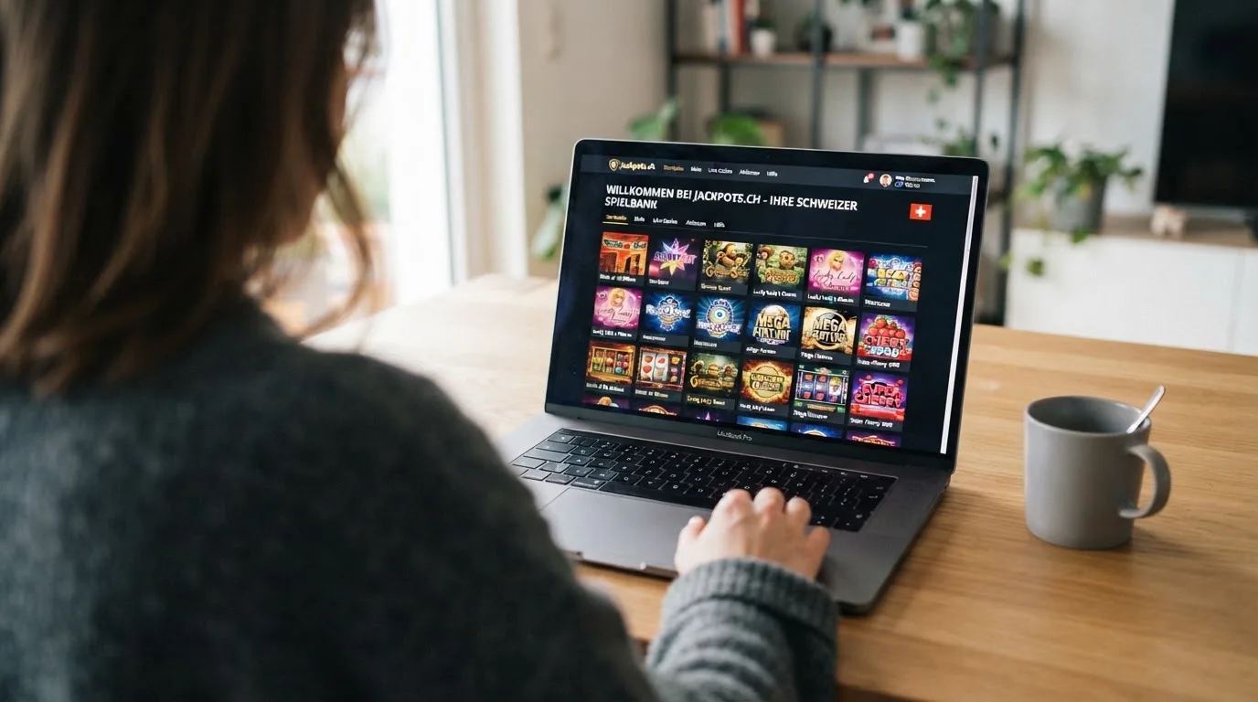 Person am Laptop liest eine Übersichtsseite zu Geldspielen im Internet — 20 freispiele ohne einzahlung