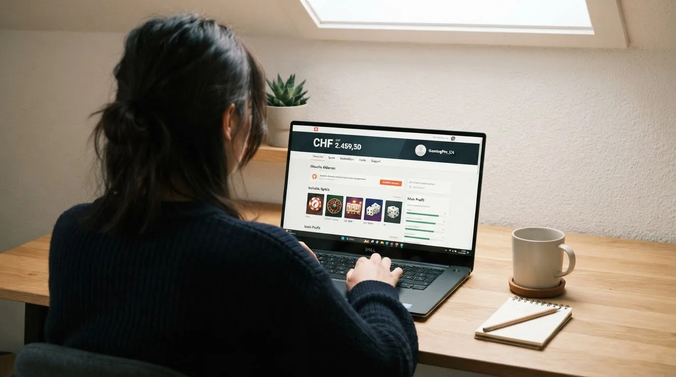 Person am Laptop liest eine Übersichtsseite zu Geldspielen im Internet — 30 franken bonus ohne einzahlung casino