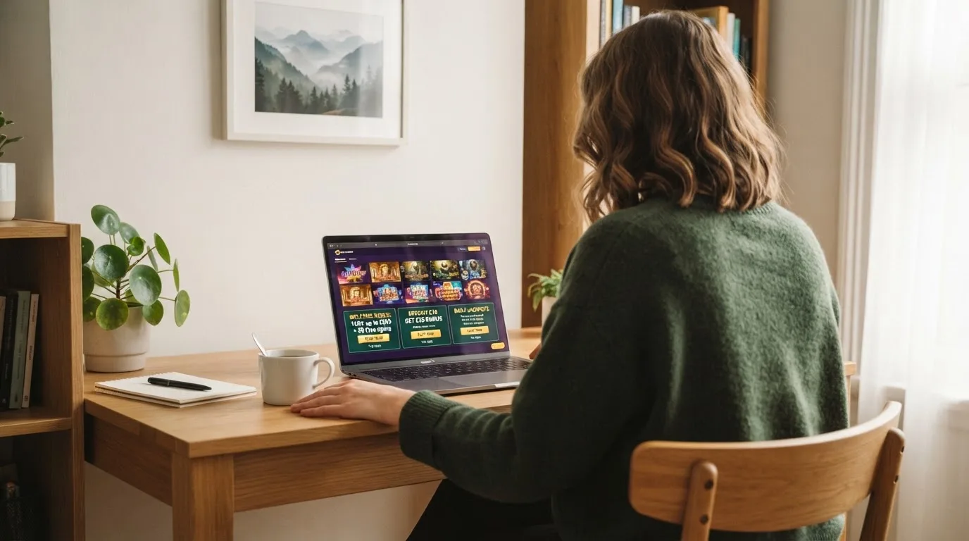 Person am Laptop liest eine Übersichtsseite zu Geldspielen im Internet — 40 franken bonus ohne einzahlung casino