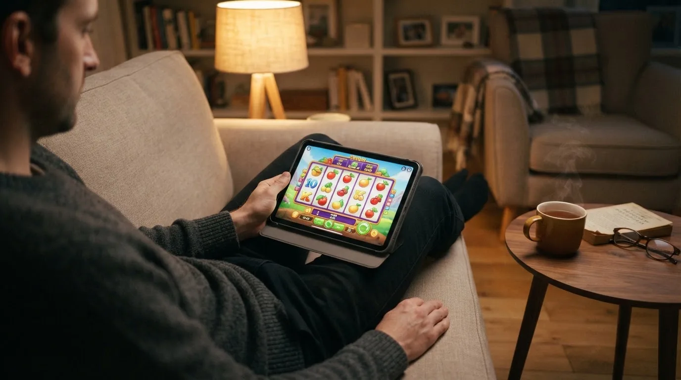 Person sitzt entspannt mit Tablet auf dem Sofa, warmes Lampenlicht, eine Tasse Tee steht daneben auf einem kleinen Tisch.