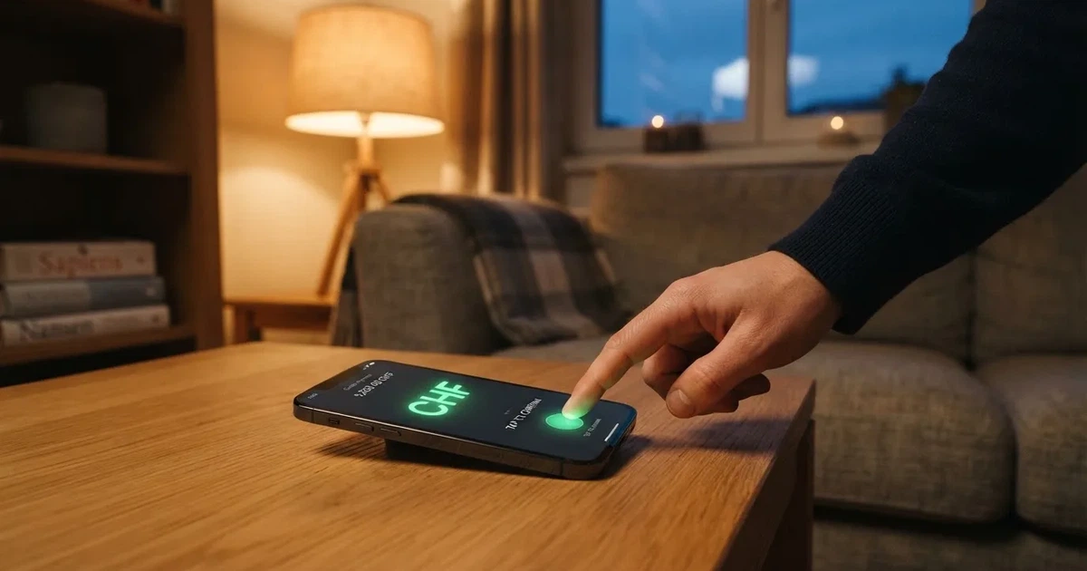 Nahaufnahme einer Hand, die auf einem Smartphone eine Zahlungsbestätigung antippt, im Hintergrund eine gemütliche Wohnzimmerecke am Abend.