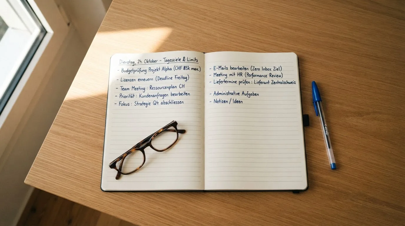 Ein Notizbuch mit handschriftlichen Stichpunkten liegt neben einer Brille auf einem Holzschreibtisch bei Tageslicht.