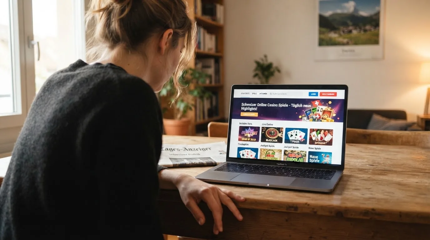 Person am Laptop liest eine Übersichtsseite zu Geldspielen im Internet — best crypto casino schweiz