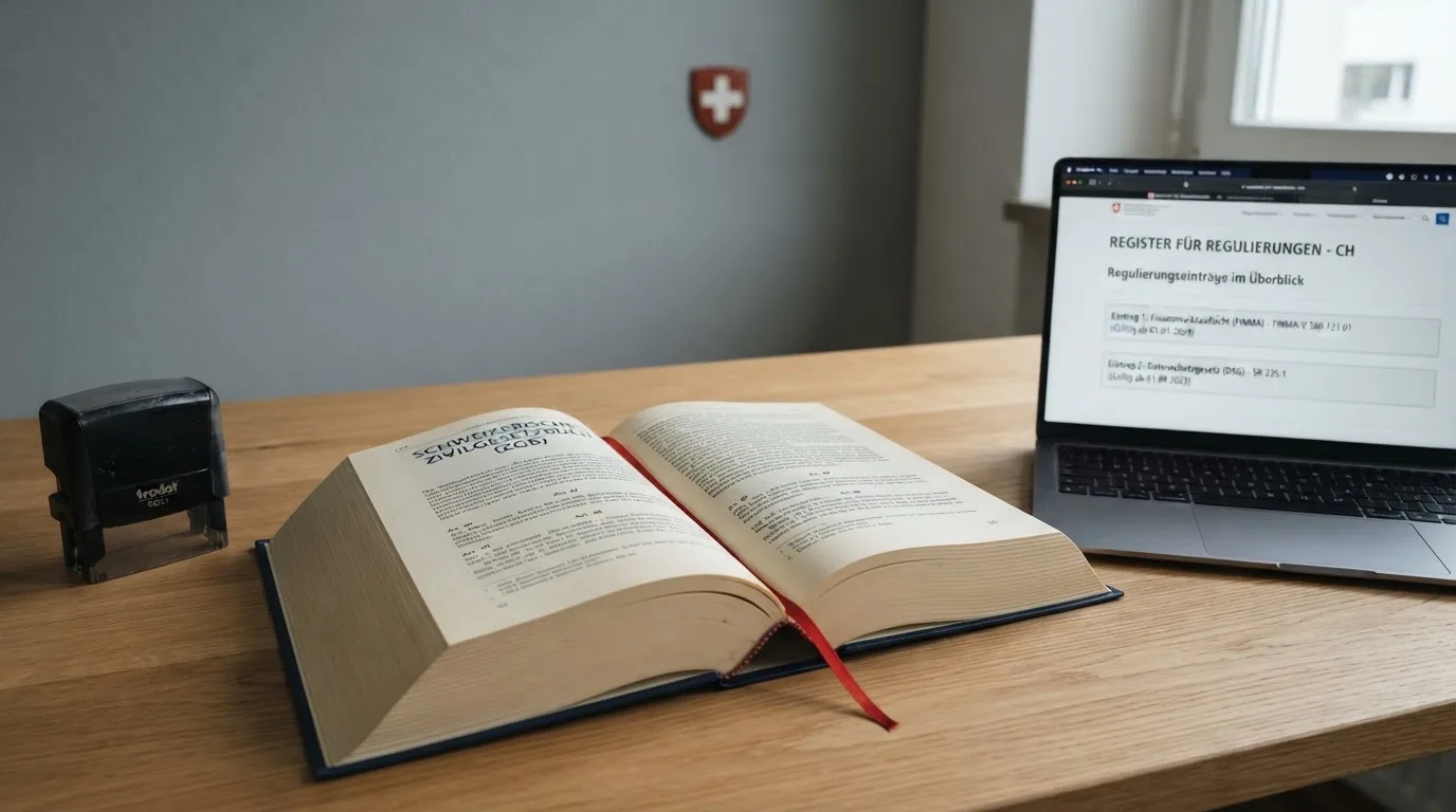 Amtliches Schreiben mit Stempel auf einem Schreibtisch neben einem Gesetzbuch — best crypto casino schweiz
