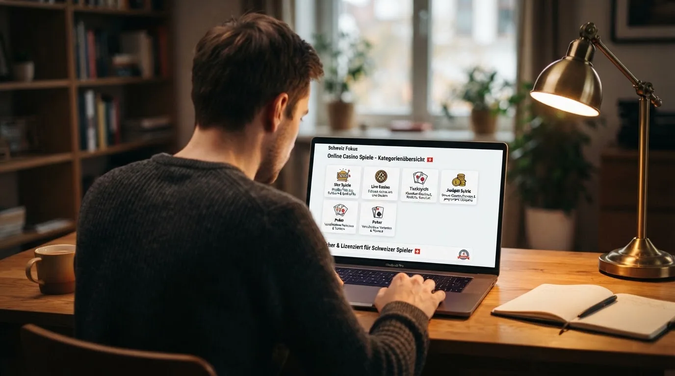 Person am Laptop liest eine Übersichtsseite zu Geldspielen im Internet — beste ausländische casinos für schweizer spieler