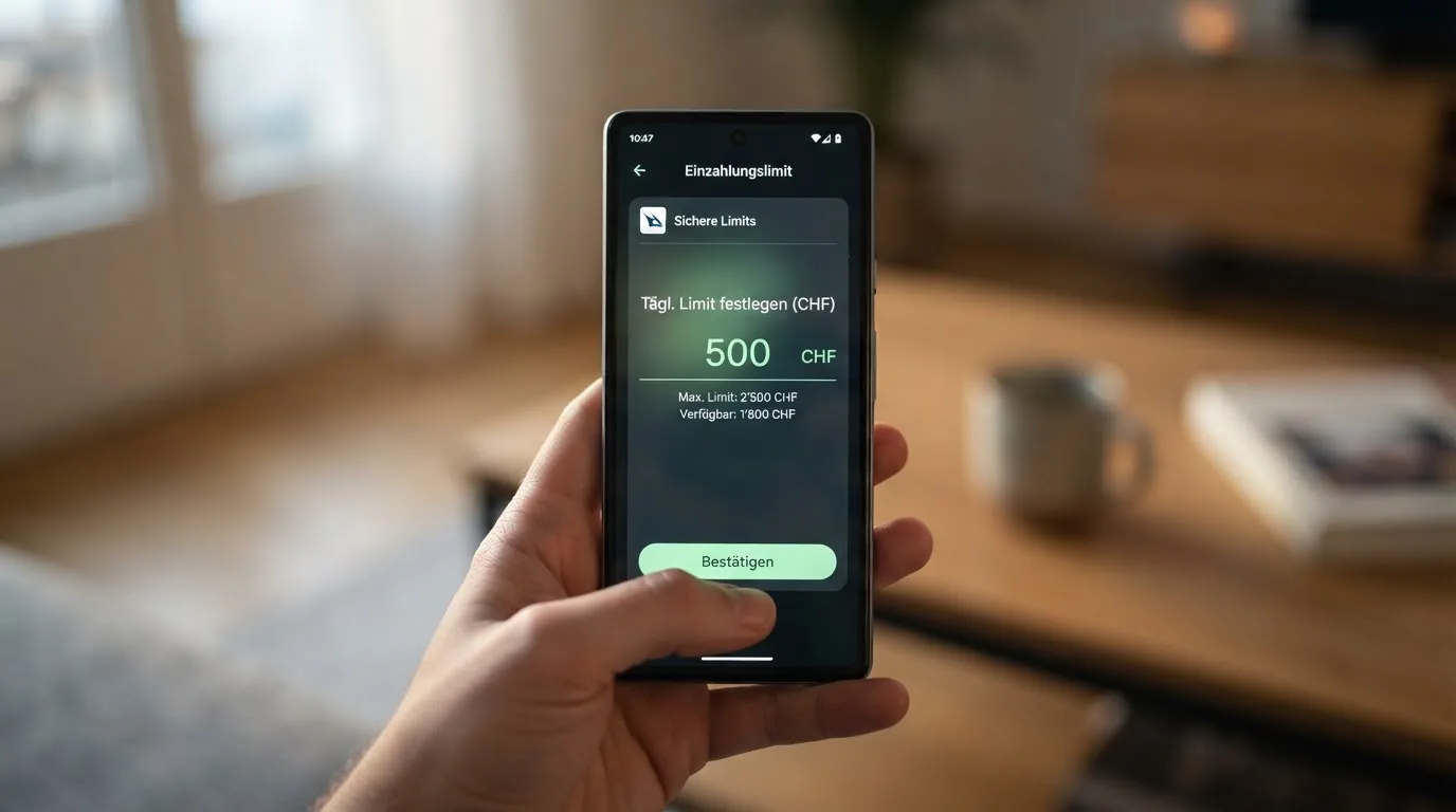 Hand hält ein Smartphone mit einem Formular zur Einzahlungsgrenze, ruhige Stimmung — beste ausländische casinos für schweizer spieler
