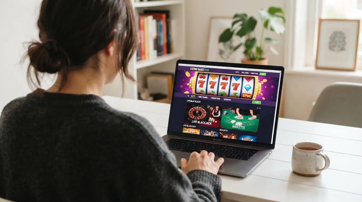 Person am Laptop liest eine Übersichtsseite zu Geldspielen im Internet — beste casino mit schneller auszahlung