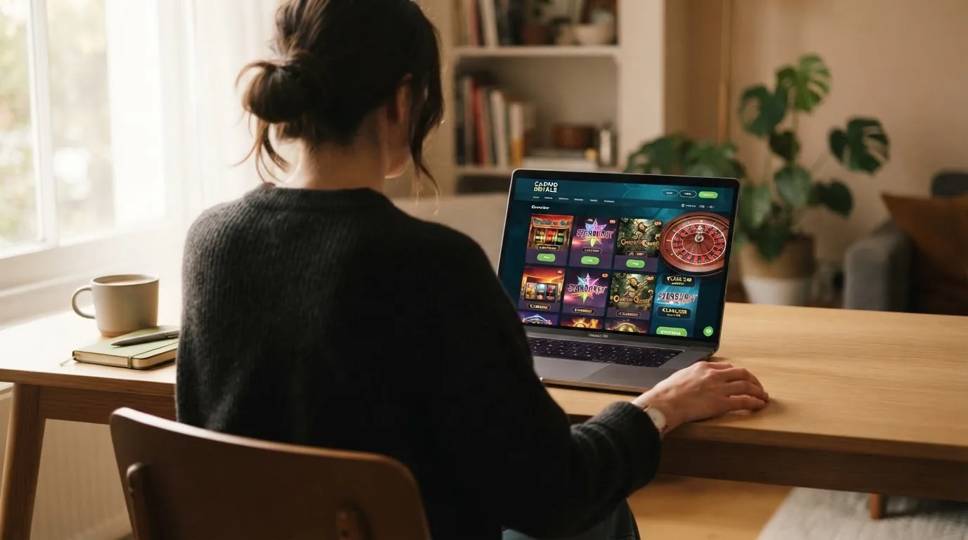 Person am Laptop liest eine Übersichtsseite zu Geldspielen im Internet — beste casino ohne verifizierung auszahlen