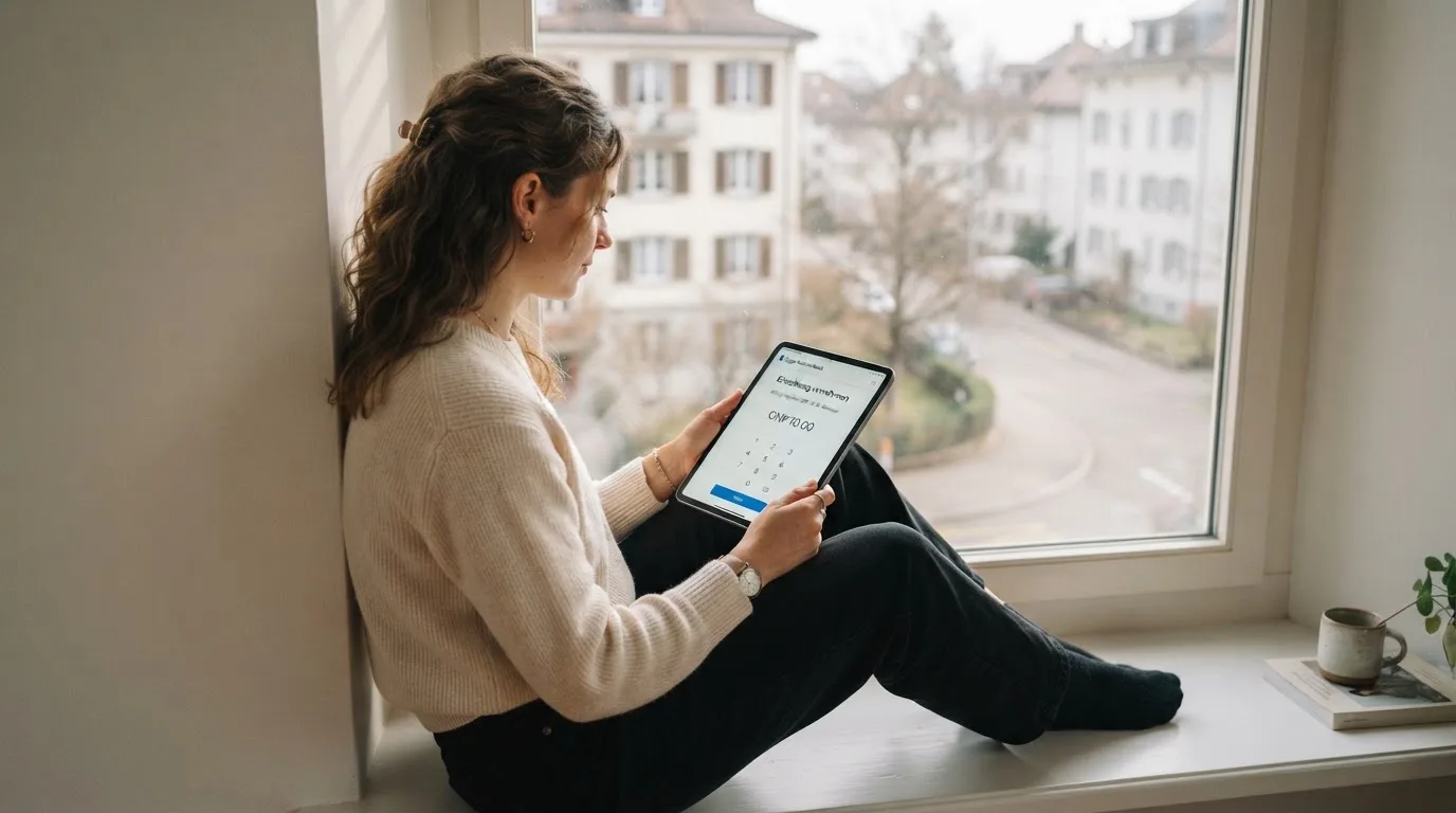 Frau sitzt mit einem Tablet auf einer Fensterbank, Blick nach draussen auf eine ruhige Strasse.