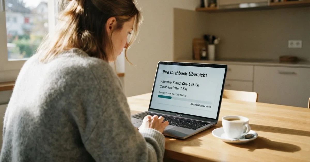 Person prüft an einem Küchentisch eine Kontoübersicht auf dem Laptop, Kaffeetasse steht griffbereit daneben.