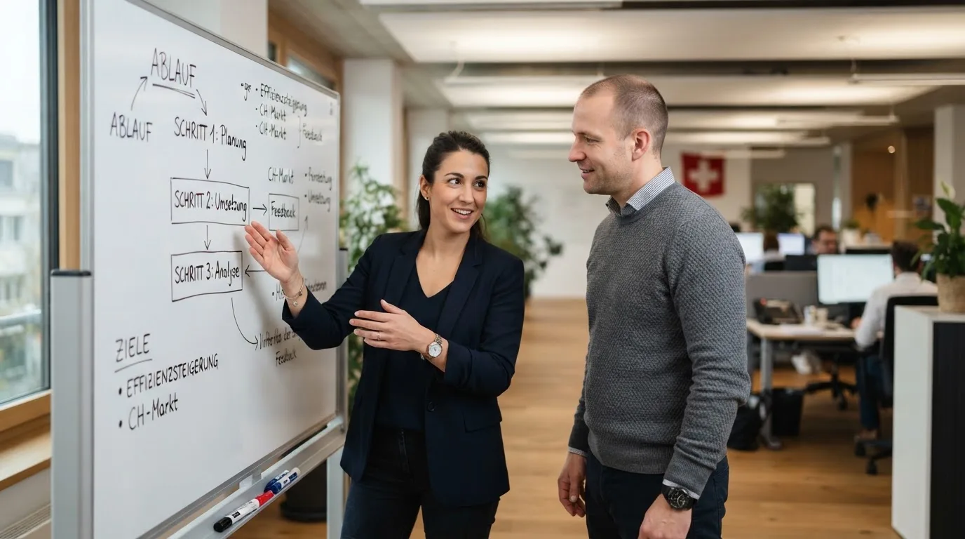 Zwei Kollegen besprechen an einem Whiteboard mit Notizen einen Ablauf, Grossraumbüro im Hintergrund.