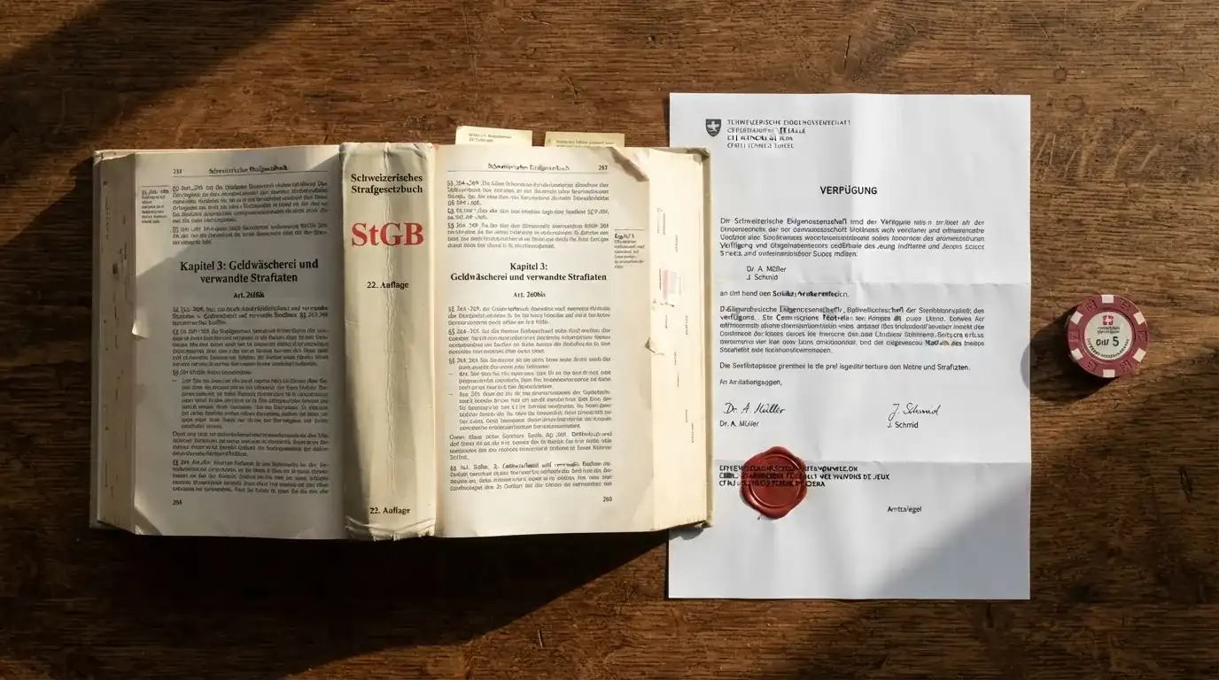 Amtliches Schreiben mit Stempel auf einem Schreibtisch neben einem Gesetzbuch — beste live baccarat schweiz