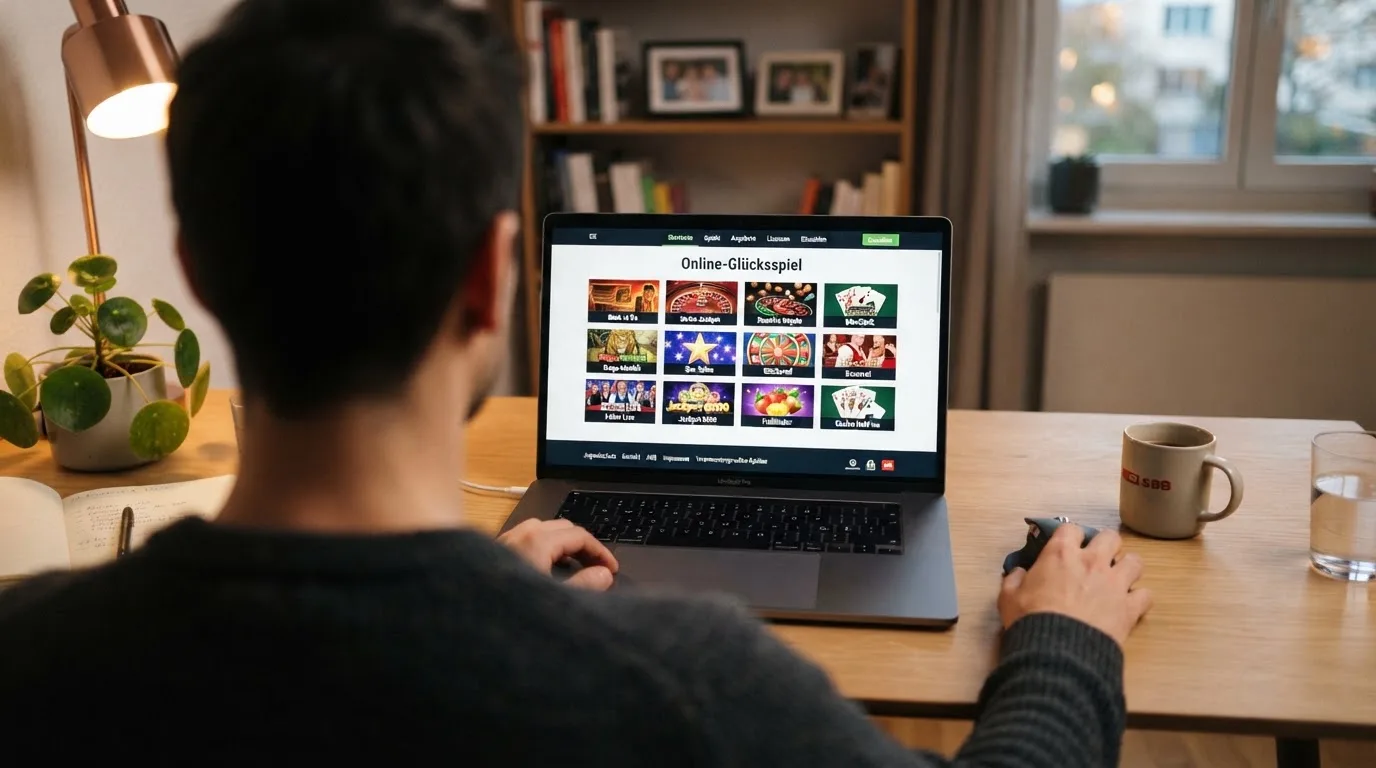 Person am Laptop liest eine Übersichtsseite zu Geldspielen im Internet — beste online casino ausland