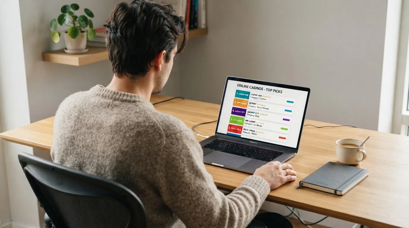 Person am Laptop liest eine Übersichtsseite zu Geldspielen im Internet — beste online casino echtgeld app