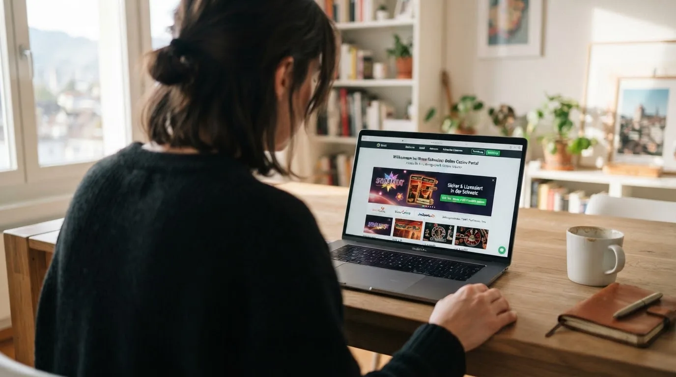 Person am Laptop liest eine Übersichtsseite zu Geldspielen im Internet — beste online casino mit banküberweisung bezahlen