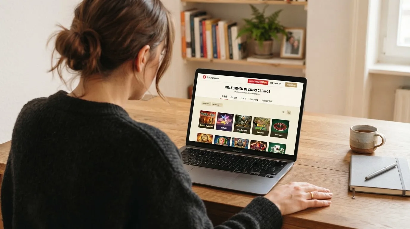 Person am Laptop liest eine Übersichtsseite zu Geldspielen im Internet — beste online casino mit cashtocode bezahlen
