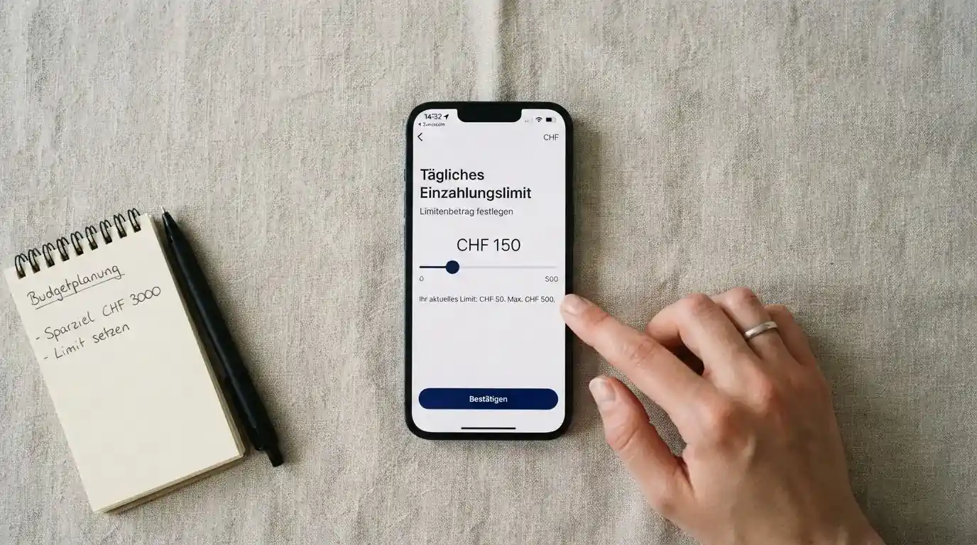 Hand hält ein Smartphone mit einem Formular zur Einzahlungsgrenze, ruhige Stimmung — beste online casino schweiz