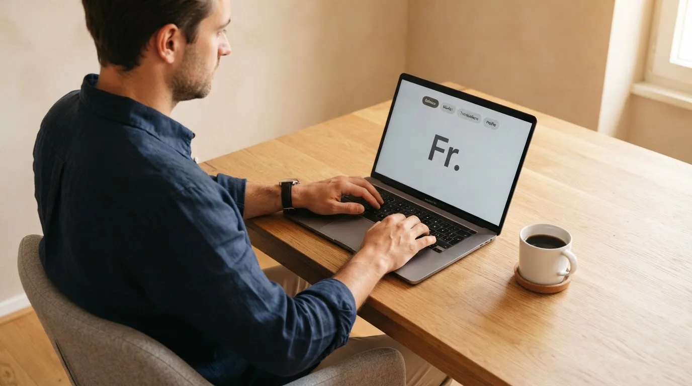 Mann sitzt am Wohnzimmertisch und tippt auf seinem Laptop, eine Kaffeetasse steht griffbereit daneben.