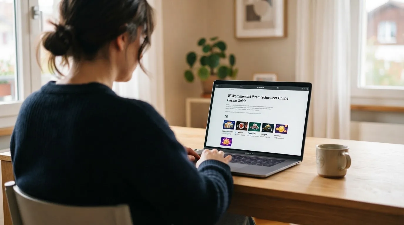 Person am Laptop liest eine Übersichtsseite zu Geldspielen im Internet — beste online casinos schweiz mit no deposit bonus