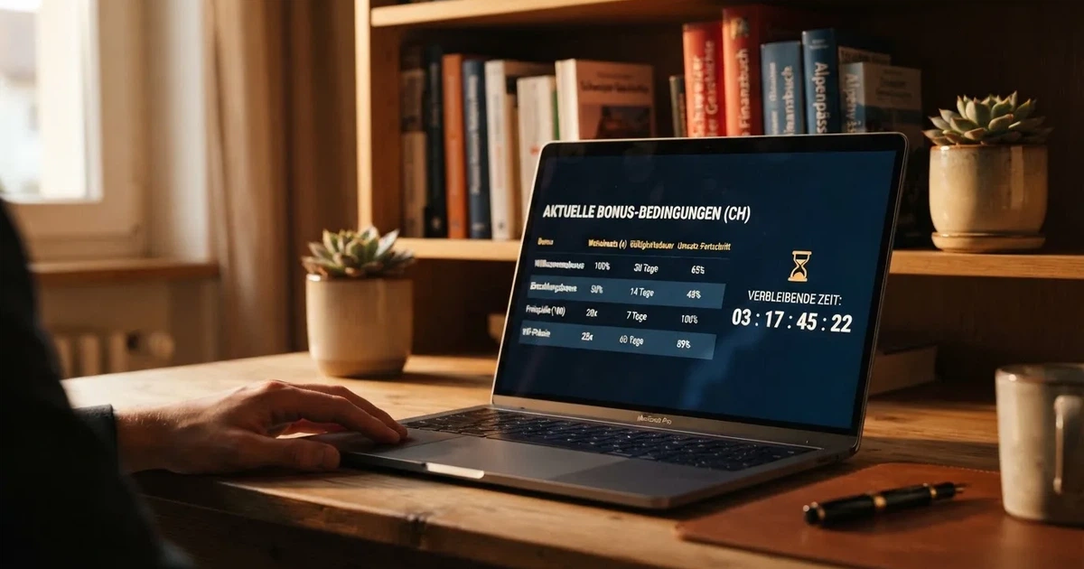 Bildschirm mit Bonusbedingungen, Einsatztabelle und einer Uhr im Hintergrund — beste online casinos schweiz mit no deposit bonus