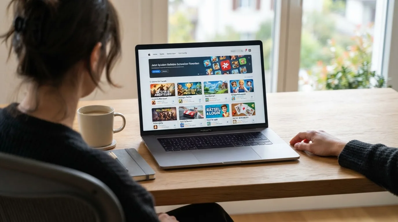 Person am Laptop liest eine Übersichtsseite zu Geldspielen im Internet — beste online spielothek casinos