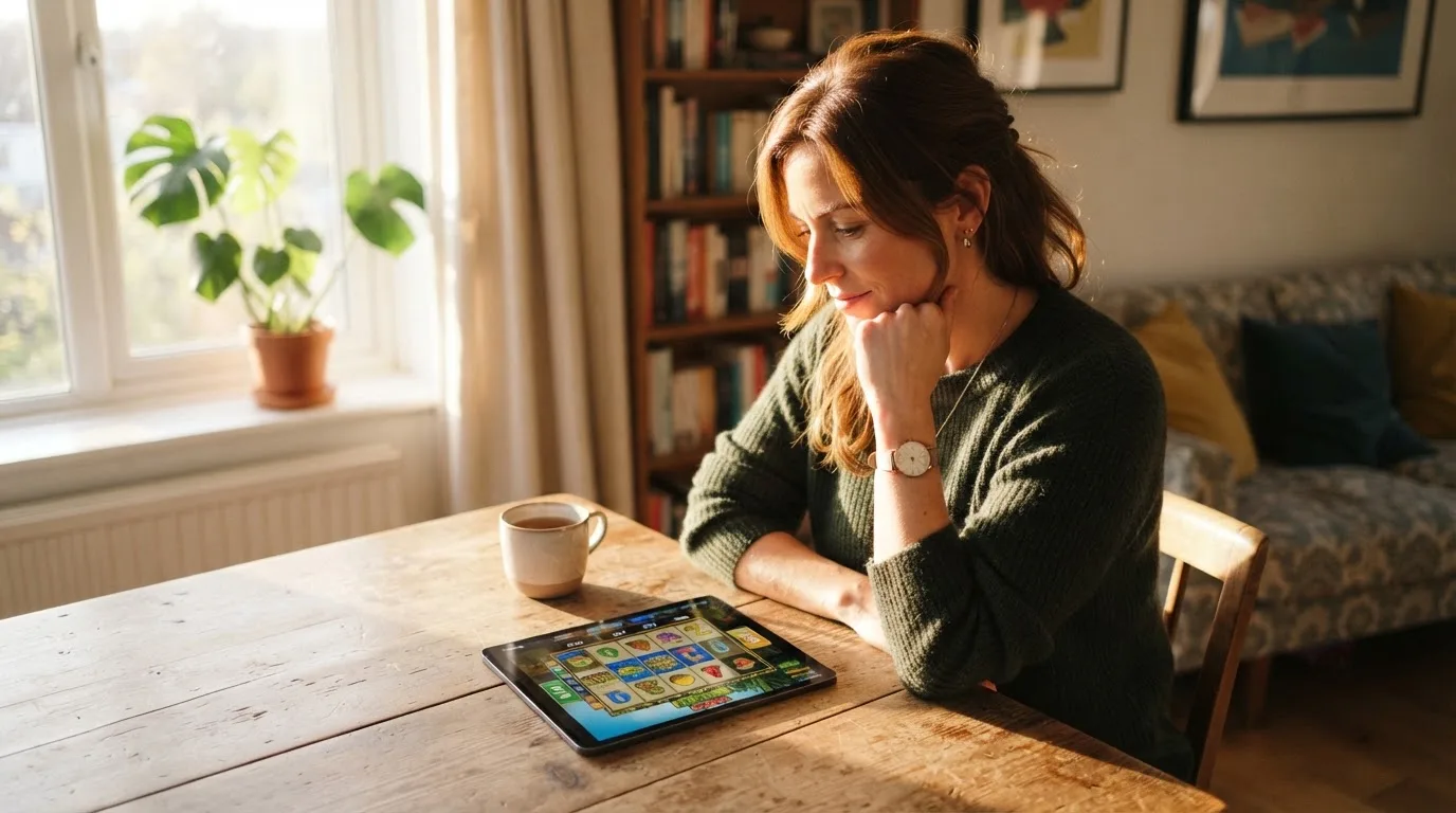 Frau sitzt am Wohnzimmertisch und schaut konzentriert auf ihr Tablet, Nachmittagslicht durchs Fenster.