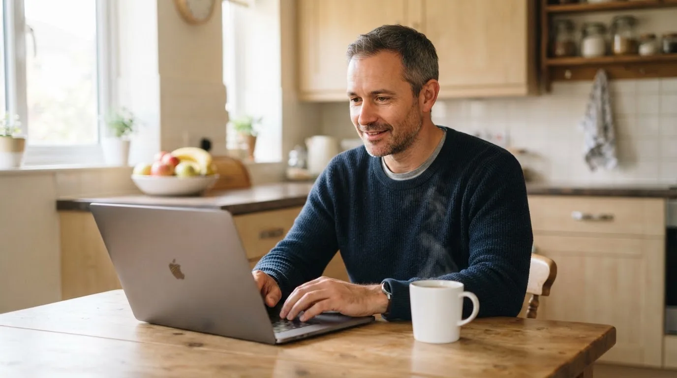 Mann sitzt am Küchentisch und tippt konzentriert auf seinem Laptop, eine Kaffeetasse steht daneben.