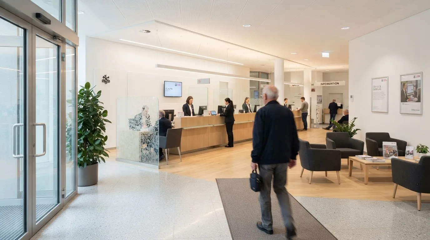Blick auf eine helle Bankfiliale mit Wartebereich, im Vordergrund unscharf eine Person mit Jacke.