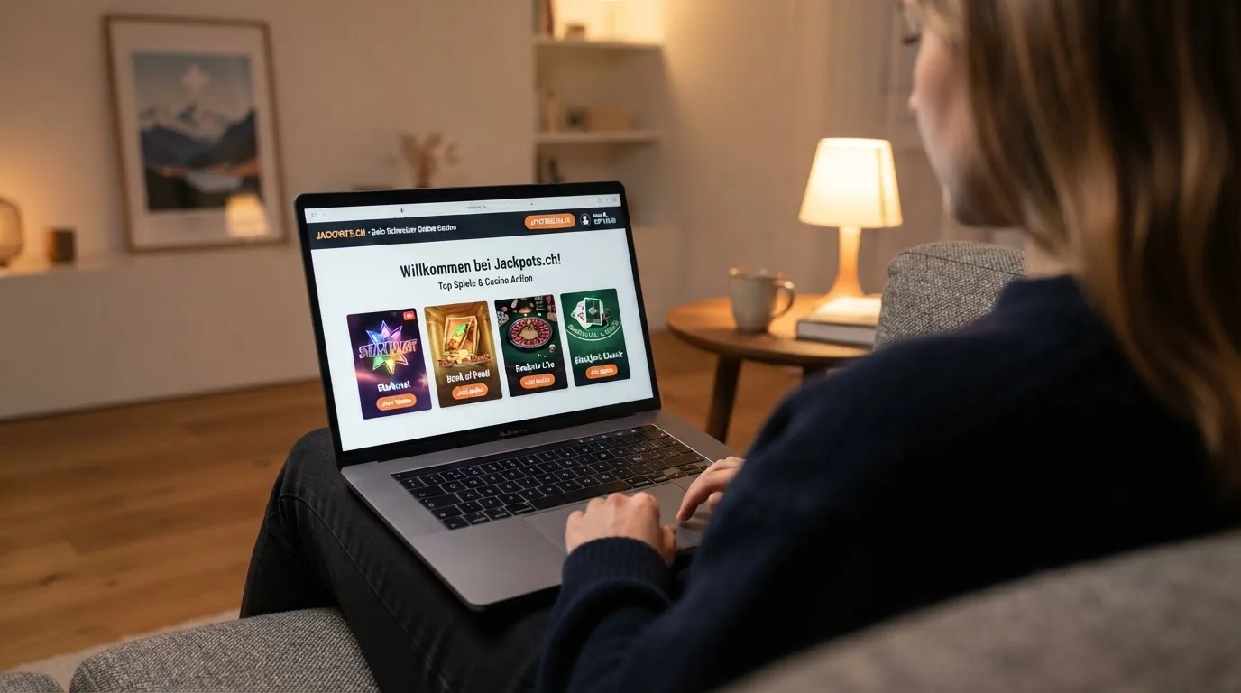 Person am Laptop liest eine Übersichtsseite zu Geldspielen im Internet — bester willkommensbonus online casino
