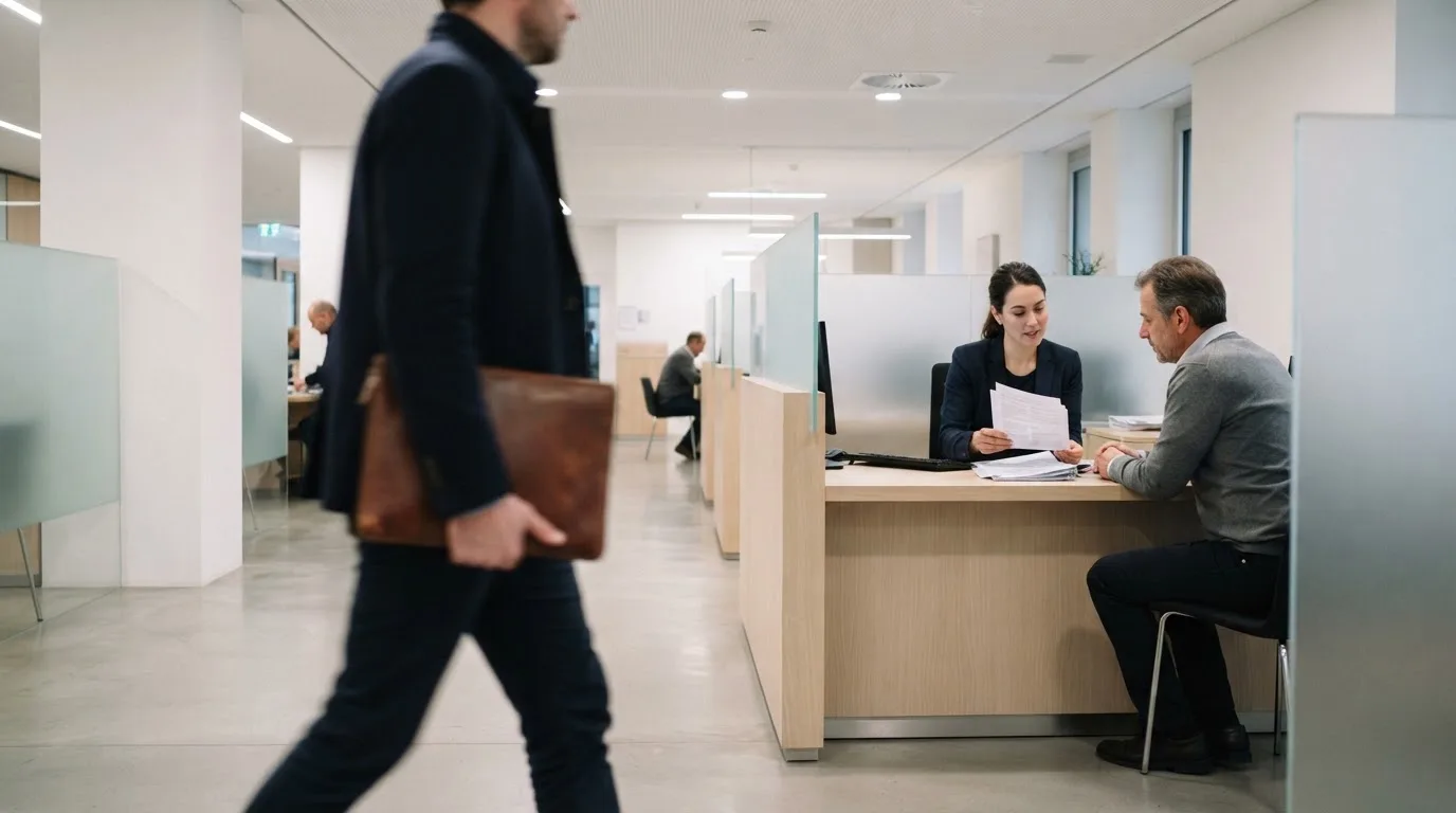 Blick auf eine helle Bankfiliale mit Wartebereich, im Vordergrund unscharf eine Person mit Jacke.