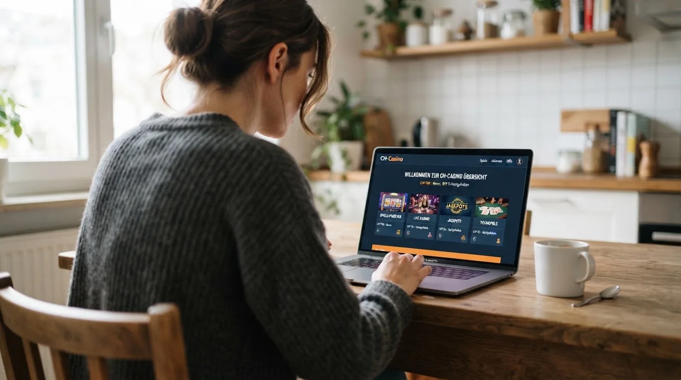 Person am Laptop liest eine Übersichtsseite zu Geldspielen im Internet — binance coin casino vergleich