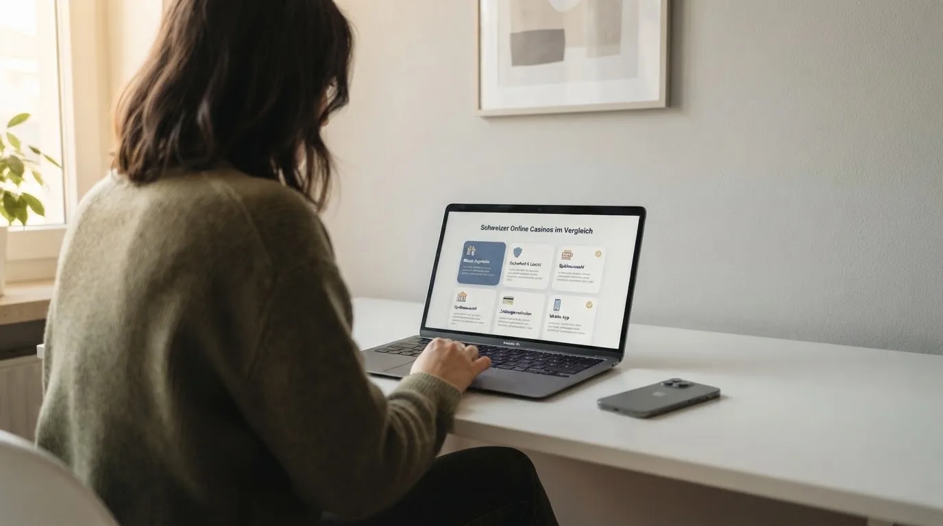 Person am Laptop liest eine Übersichtsseite zu Geldspielen im Internet — bitcoin cash casino vergleich