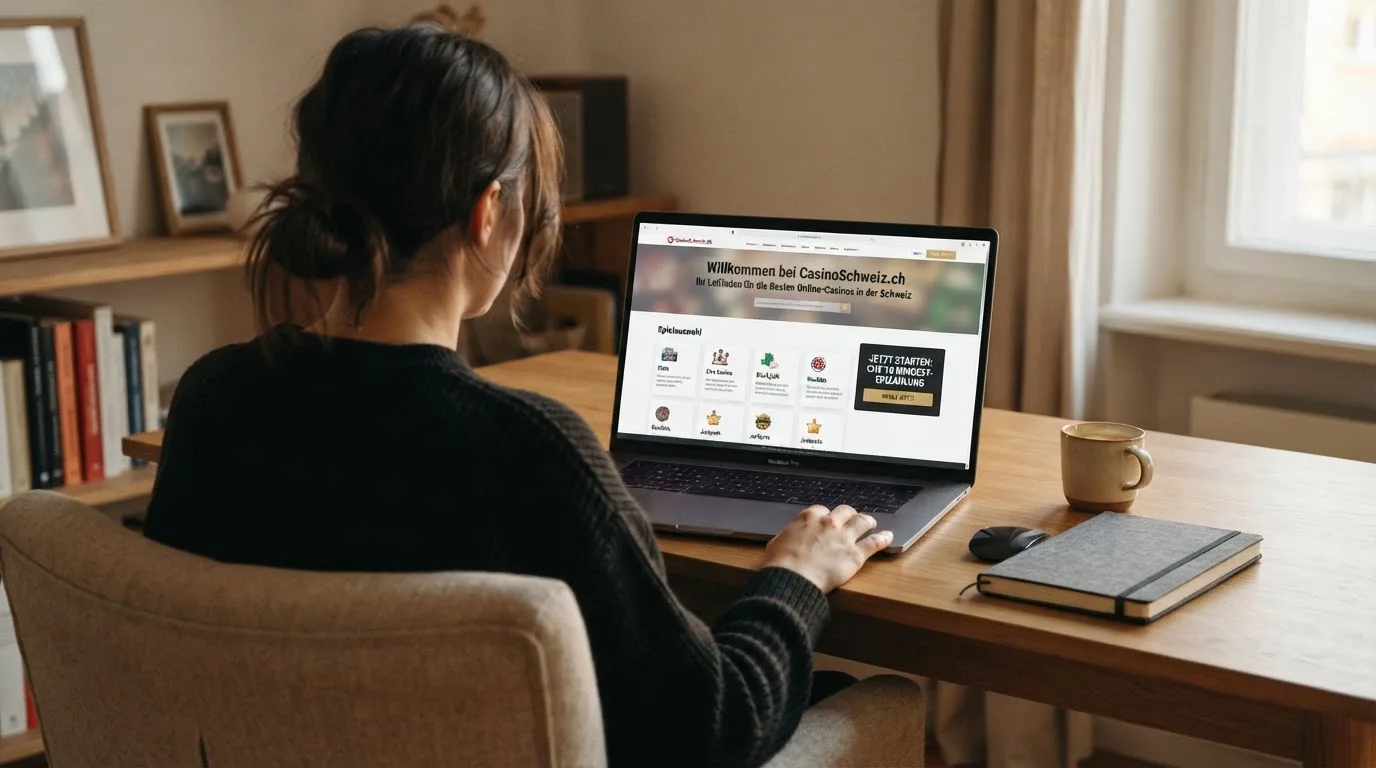 Person am Laptop liest eine Übersichtsseite zu Geldspielen im Internet — casino bonus ohne einzahlung