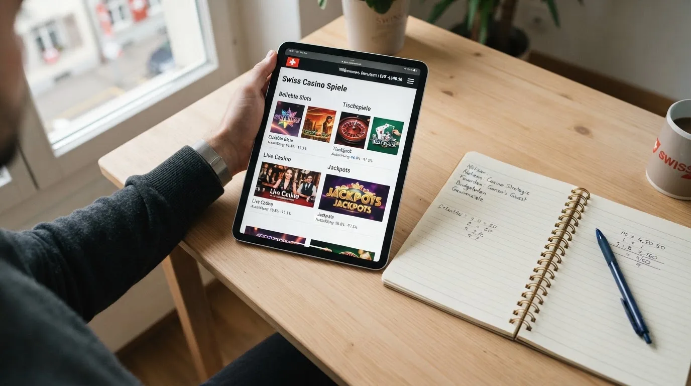 Person am Laptop liest eine Übersichtsseite zu Geldspielen im Internet — casino guthaben ohne einzahlung