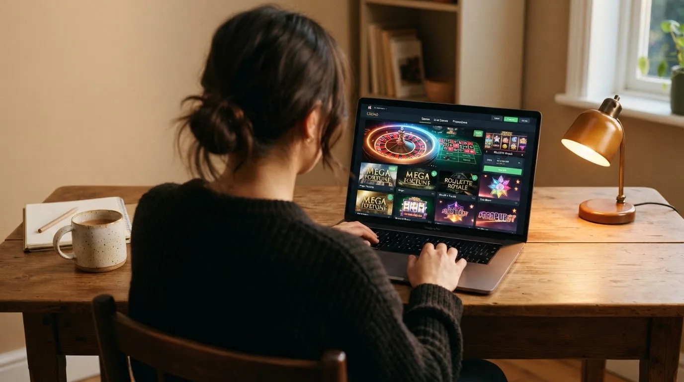Person am Laptop liest eine Übersichtsseite zu Geldspielen im Internet — casino mit hoher gewinnchance
