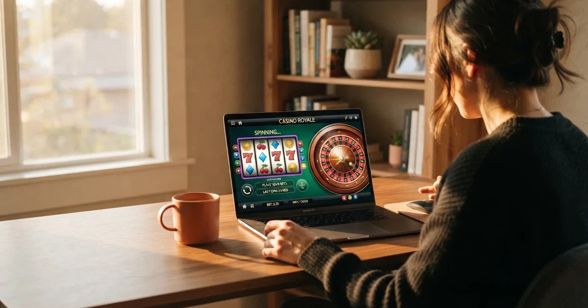 Person am Laptop liest eine Übersichtsseite zu Geldspielen im Internet — freie 90 tage qualifikationszeitraum casino