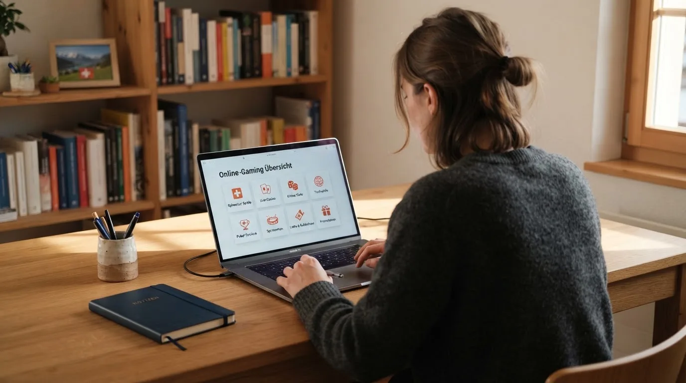 Person am Laptop liest eine Übersichtsseite zu Geldspielen im Internet — online casino bonus ohne einzahlung ohne download