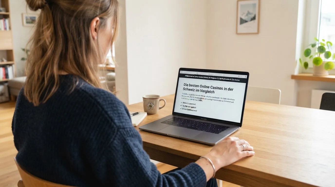 Person am Laptop liest eine Übersichtsseite zu Geldspielen im Internet — online casino bonus ohne einzahlung sofort