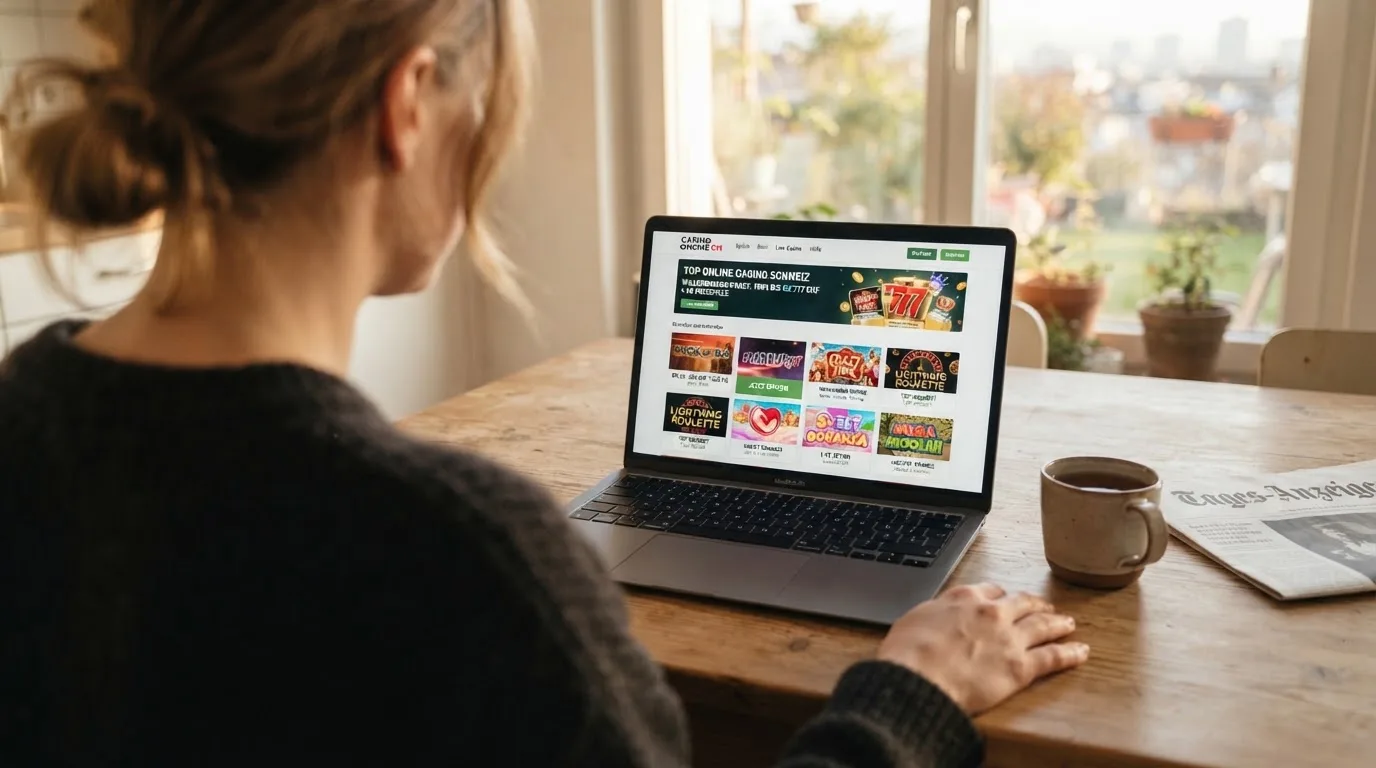 Person am Laptop liest eine Übersichtsseite zu Geldspielen im Internet — online casino bonus ohne umsatzbedingungen