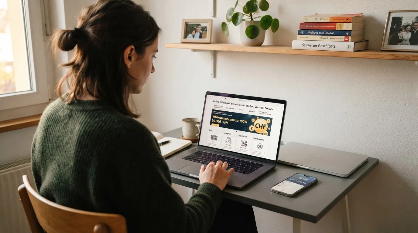 Person am Laptop liest eine Übersichtsseite zu Geldspielen im Internet — online casino bonusbedingungen
