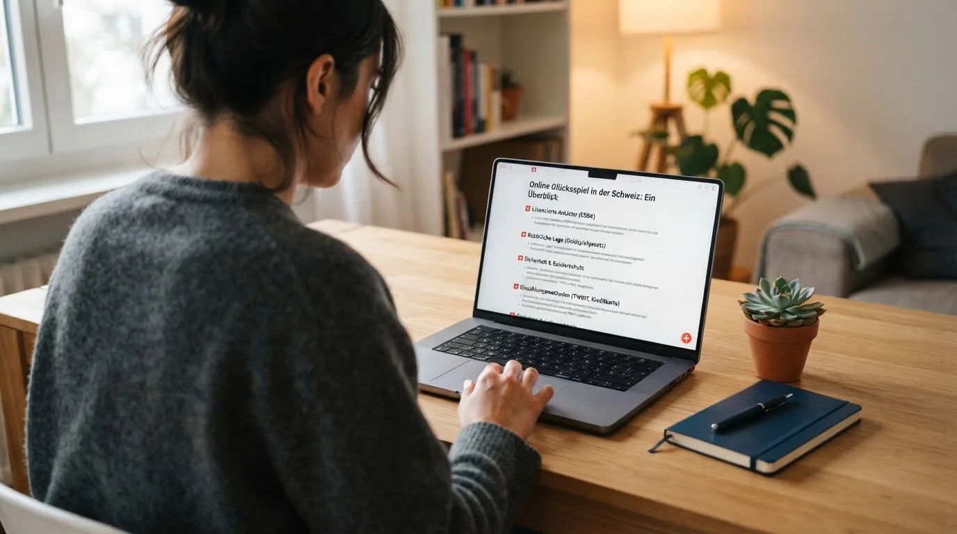 Person am Laptop liest eine Übersichtsseite zu Geldspielen im Internet — online casino einzahlungsbonus
