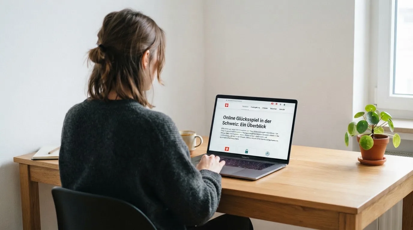 Person am Laptop liest eine Übersichtsseite zu Geldspielen im Internet — online casino gutschein codes