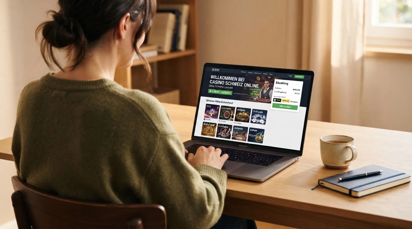 Person am Laptop liest eine Übersichtsseite zu Geldspielen im Internet — online casino mit 100% bonus