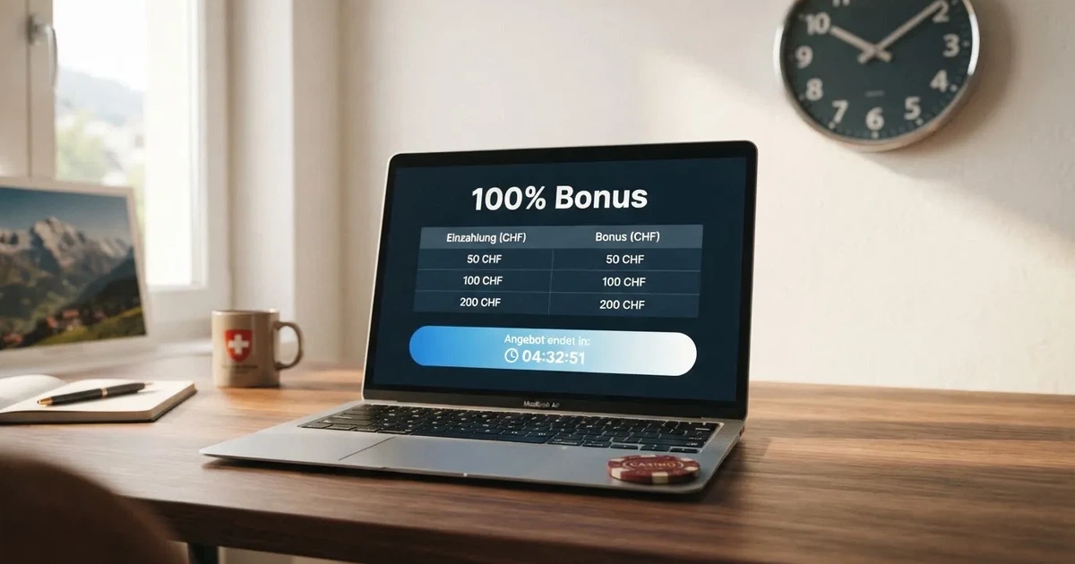 Bildschirm mit Bonusbedingungen, Einsatztabelle und einer Uhr im Hintergrund — online casino mit 100% bonus