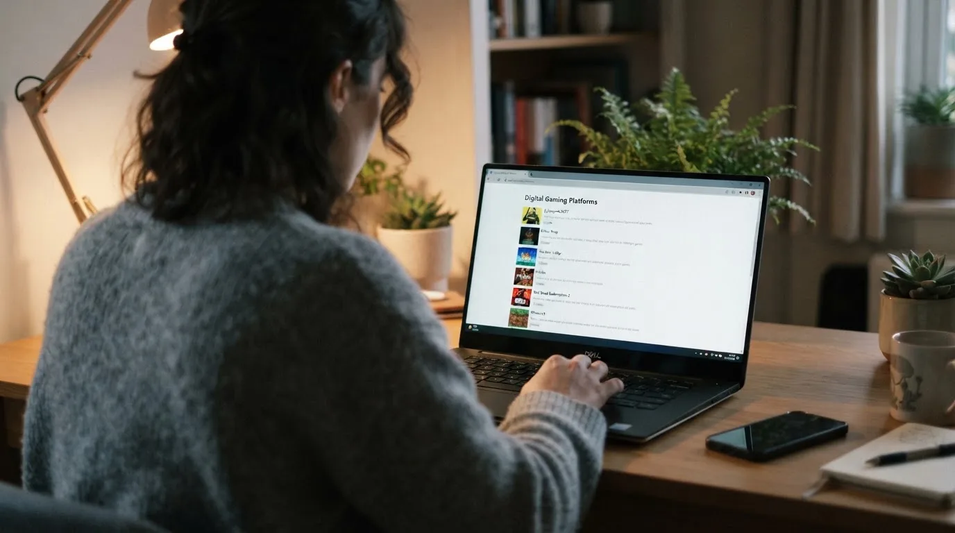 Person am Laptop liest eine Übersichtsseite zu Geldspielen im Internet — online casino mit autoplay